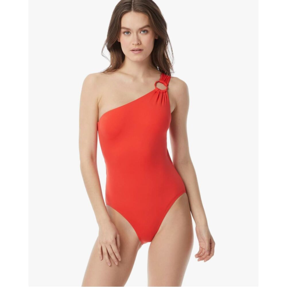 Carmen Marc Valvo Women's Shoulder One Piece Swimsuit, Tropical Coral Reef, 6